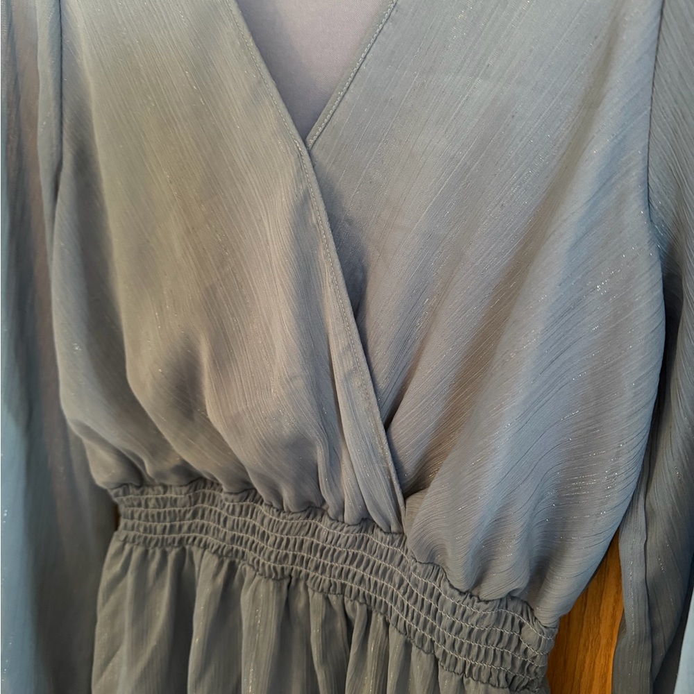 ALTAR’D STATE Like New Dusty Blue Sparkle Ruffle Long Sleeve Mini Dress Size L - Picture 2 of 10